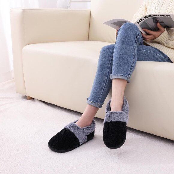 ⚡Women's Black Fuzzy Memory Foam Slippers Closed Back Knit Slip-On House Shoes - Picture 6 of 6